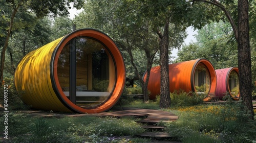 futuristic capsule cabins surrounded by nature photo