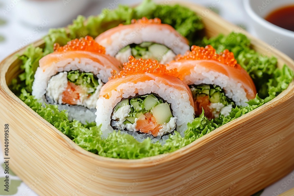 Delicious sushi rolls served in a bamboo steamer with fresh green lettuce. Delicious sushi rolls served in a bamboo steamer with fresh green lettuce.