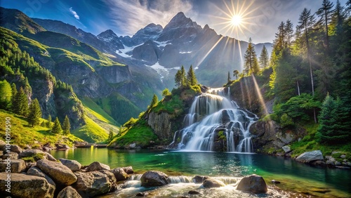 Majestic Dwoista Siklawa waterfall spills into the picturesque Morskie Oko lake beneath the Tatras' summer sun. photo