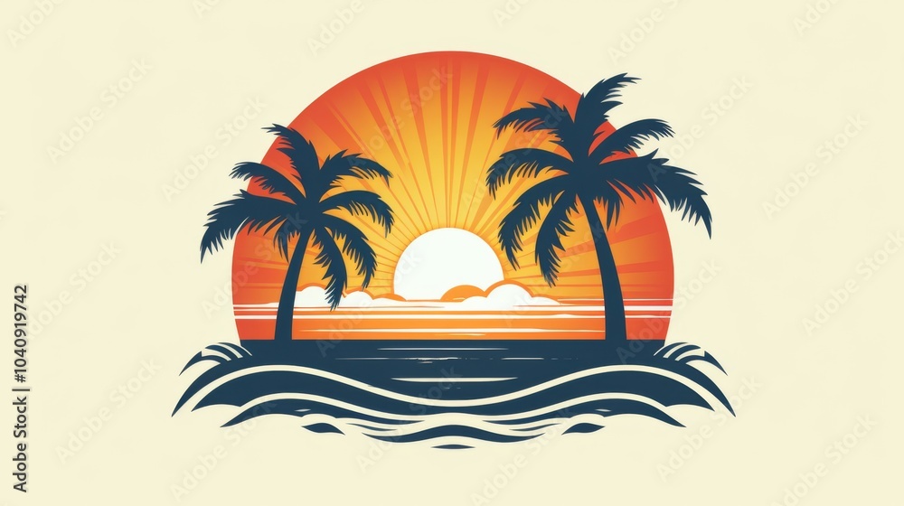 two palm trees and the sun with waves in the background. two palm trees and the sun with waves in the background.