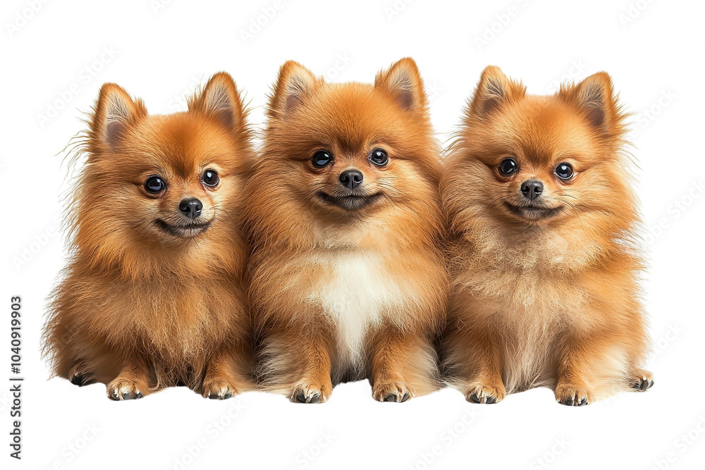A family of Pomeranians, isolate on white background, showcasing their joyful interactions and fluffy appearances. PNG A family of Pomeranians, isolate on white background, showcasing their joyful interactions and fluffy appearances. PNG