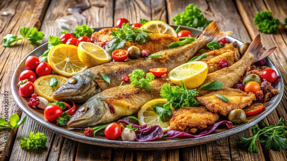 Delicious Italian Style Mixed Fried Fish Platter with Herbs, Lemon, and Colorful Vegetables - High Dynamic Range Photography for Culinary Enthusiasts and Food Lovers