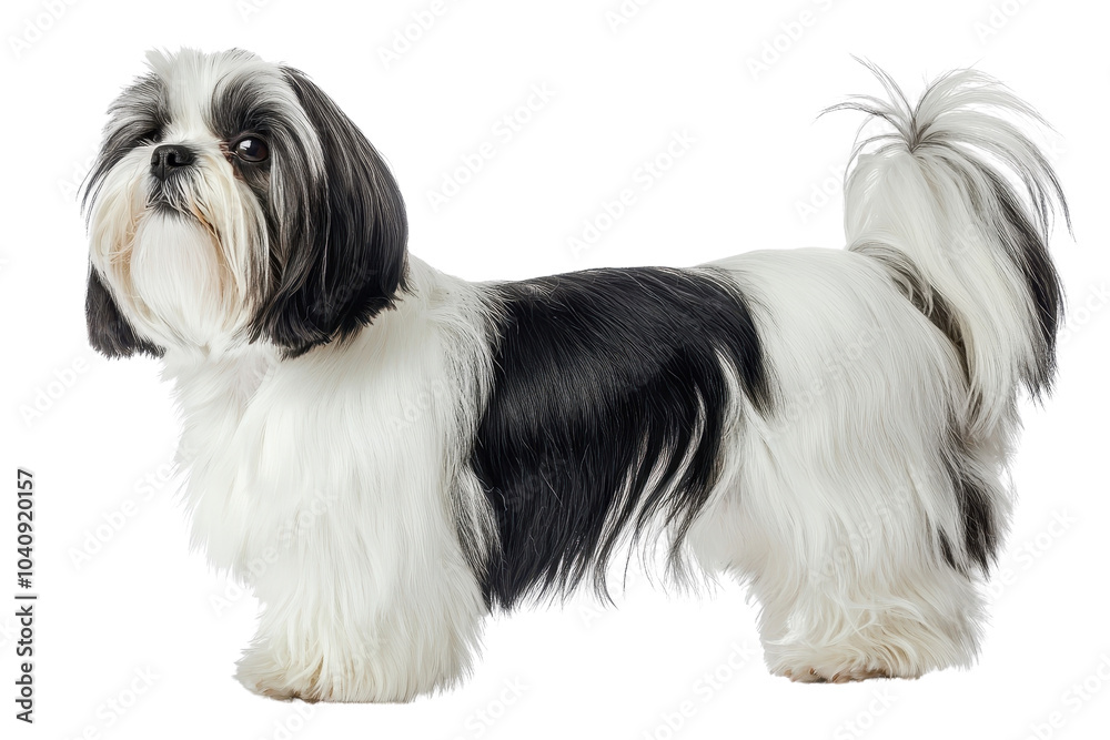A Shih Tzu standing proudly, isolate on white background, showcasing its long, flowing fur and sweet expression. PNG A Shih Tzu standing proudly, isolate on white background, showcasing its long, flowing fur and sweet expression. PNG