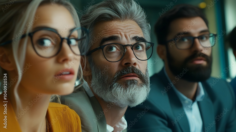 A business team in a conference room, discussing a project with determination on their faces A business team in a conference room, discussing a project with determination on their faces