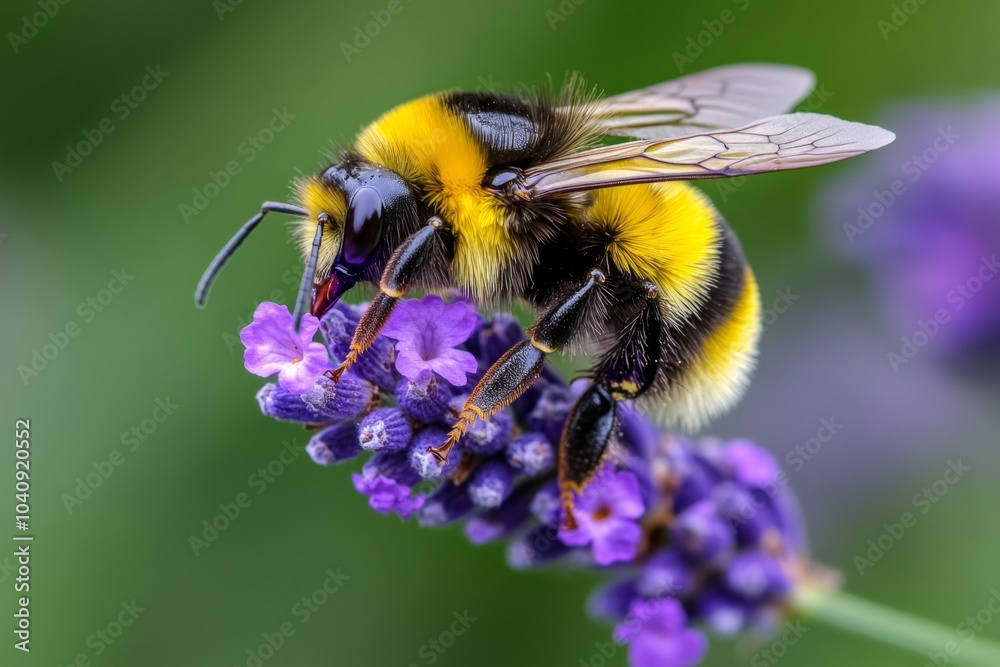 Bumblebee pollinating a lavender plant, hovering gently as it collects nectar Bumblebee pollinating a lavender plant, hovering gently as it collects nectar