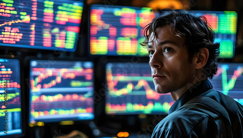 a close-up behind the shoulder of a person staring at a trading screen, financial charts and futures data flashing in vibrant colors, creating a dramatic mood