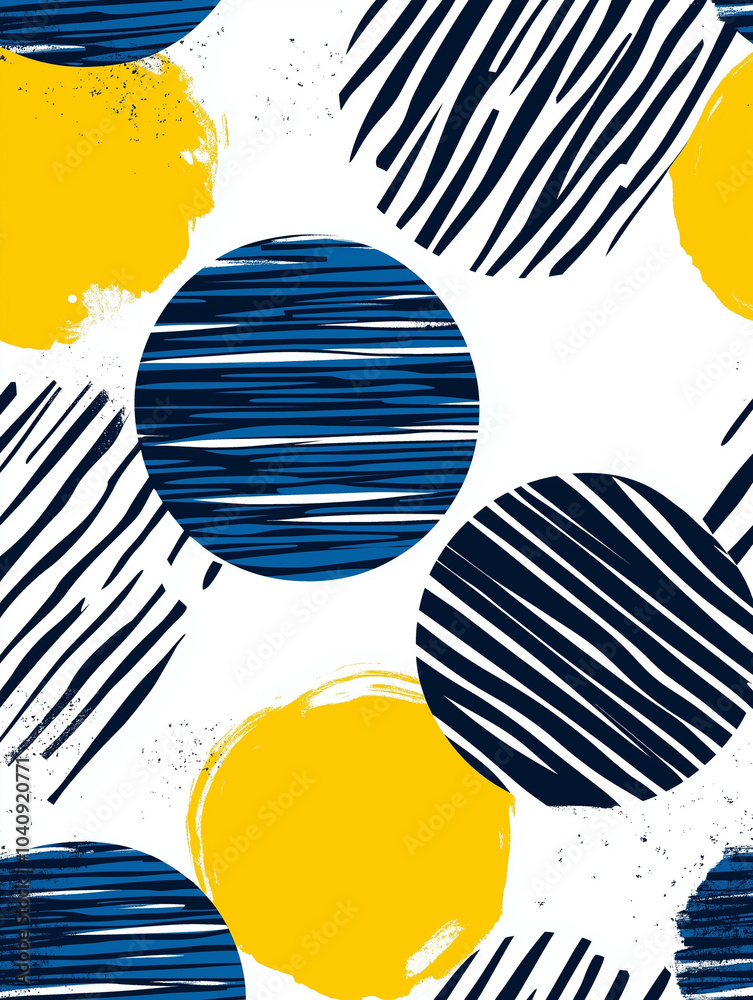 Fototapeta premium seamless pattern of blue and white and yellow stripes and circles, background, stripes