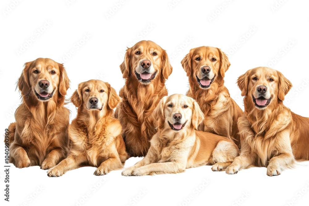 A family of Golden Retrievers, isolate on white background, showcasing their bond and joyful moments together. PNG A family of Golden Retrievers, isolate on white background, showcasing their bond and joyful moments together. PNG