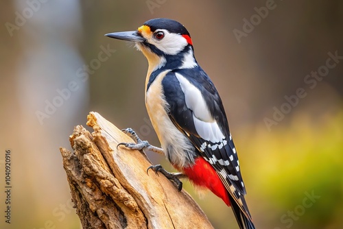 Minimalist photography captures a Great Spotted Woodpecker perched on a tree. photo