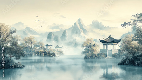 Wallpaper Mural Chinese landscape painting, pavilions, towers, and clouds and mist Torontodigital.ca