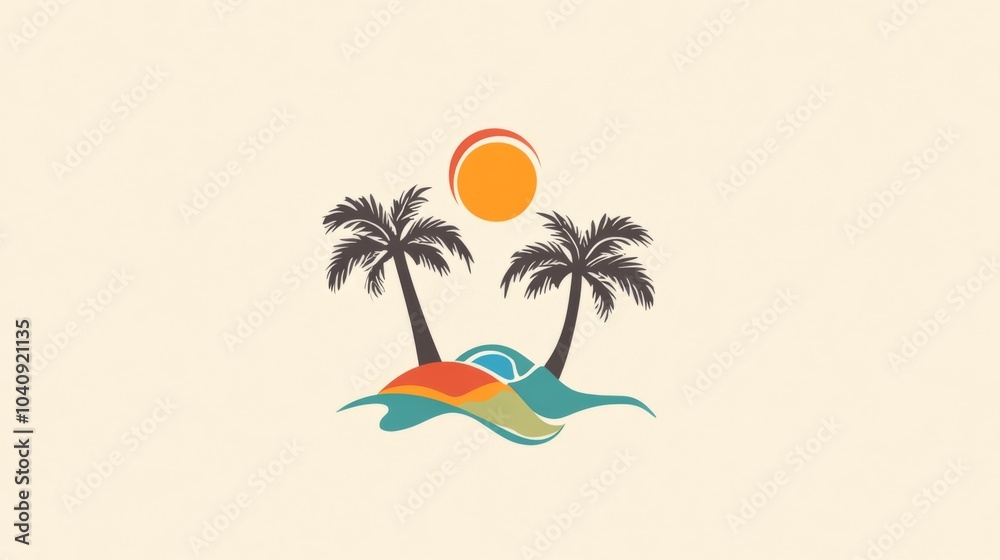 Fototapeta premium two palm trees and the sun with waves in the background.