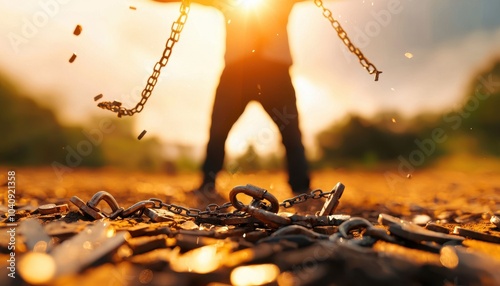 Person breaking chains in sunlight, symbolizing freedom and empowerment.