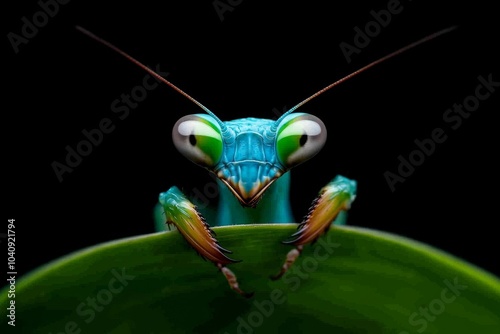 Close-up of a praying mantis perched on a blade of grass, its sharp eyes focused and body poised