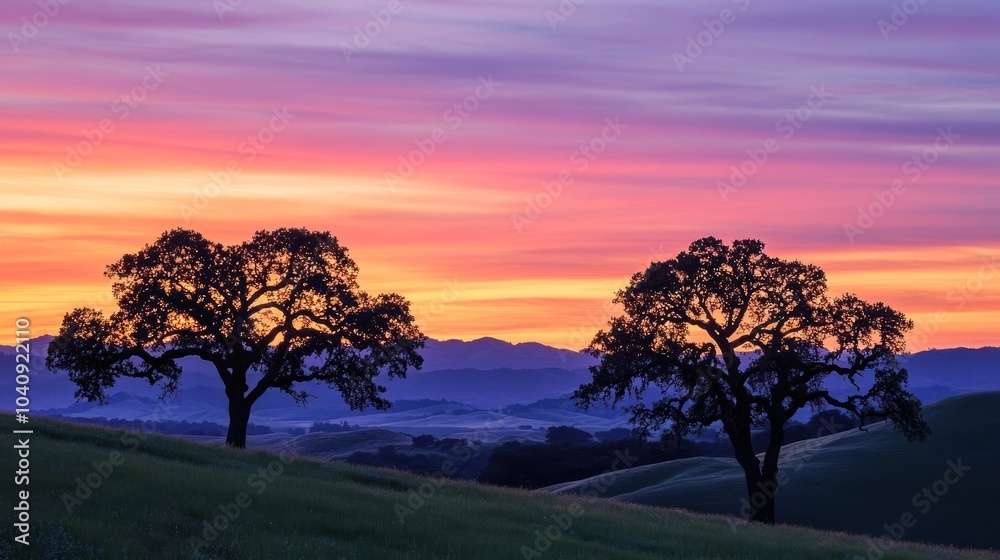 Two silhouetted trees stand on a grassy hill against a dramatic sunset sky with layers of mountains in the background. Two silhouetted trees stand on a grassy hill against a dramatic sunset sky with layers of mountains in the background.
