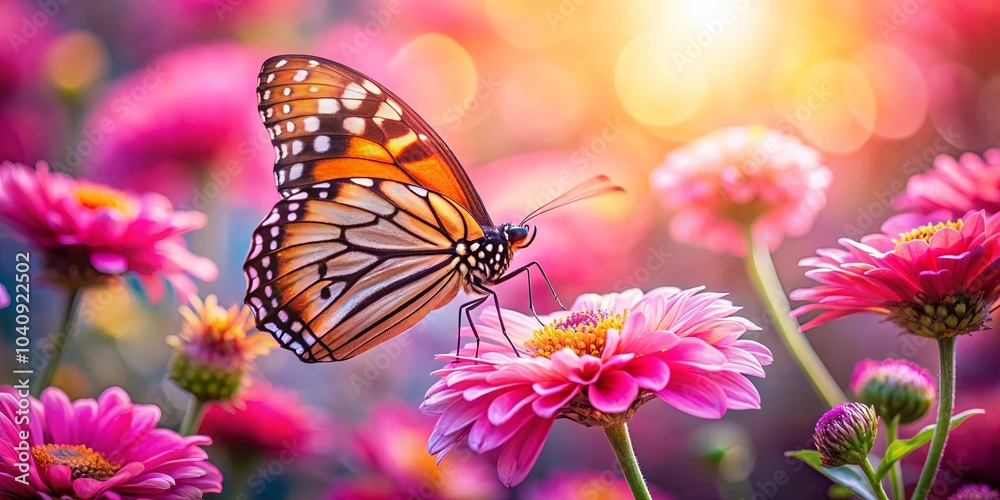 A vibrant butterfly perched delicately on a pink flower, surrounded by a soft blur of blossoms and sunlit bokeh. A vibrant butterfly perched delicately on a pink flower, surrounded by a soft blur of blossoms and sunlit bokeh.