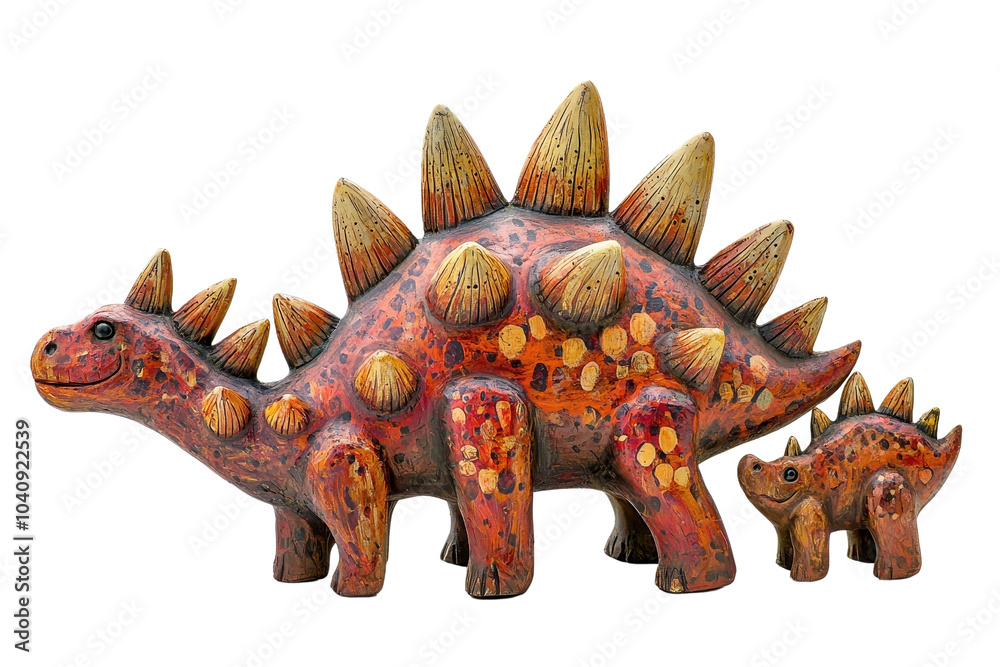 Fototapeta premium A family of Stegosaurus, isolate on white background, illustrating their interactions and social dynamics. PNG