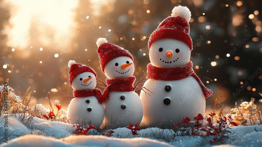 Fototapeta premium Cute 2D Illustration of a Snowman Family