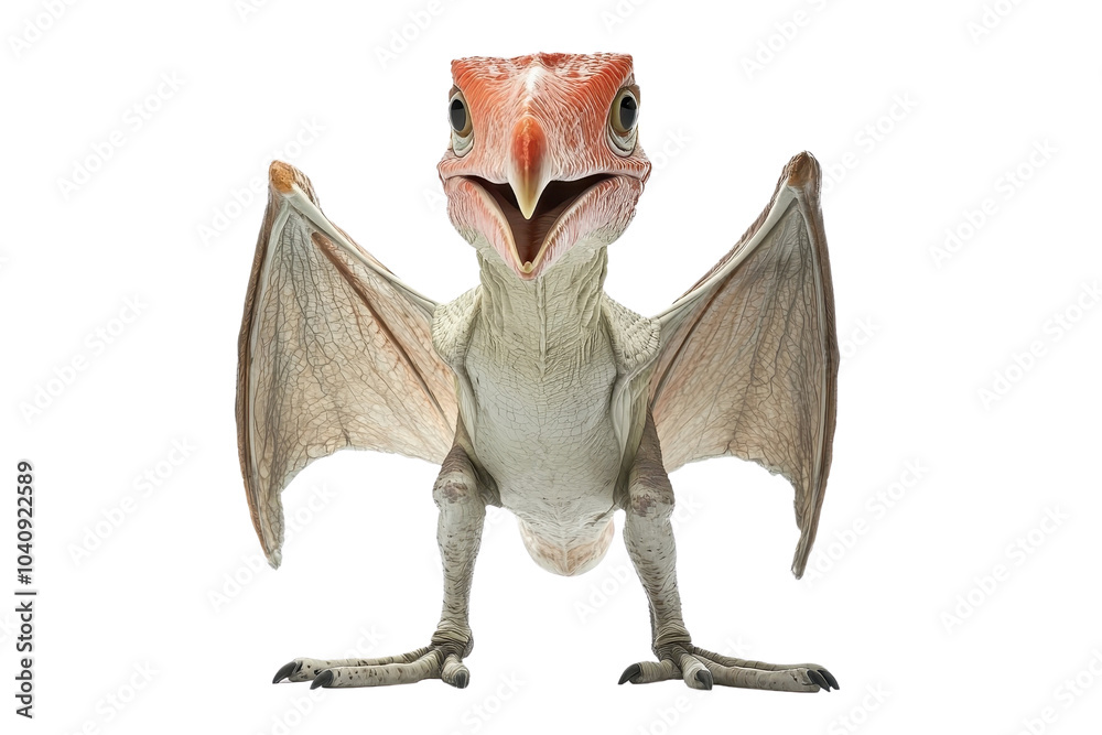 Obraz premium A standing Pteranodon, isolate on white background, showcasing its long wings and distinctive beak. PNG