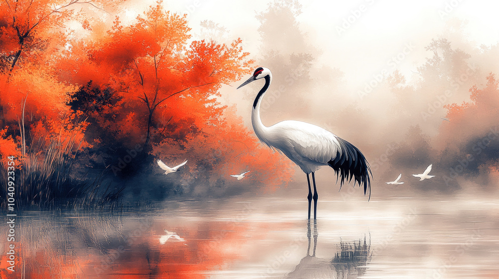 Fototapeta premium The white crane stands in the lake, with red leaves