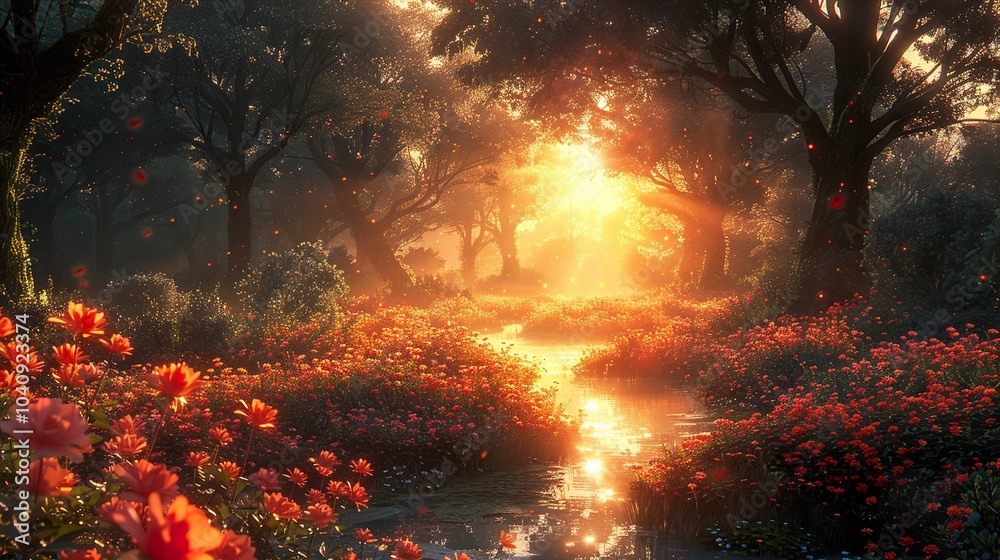 Enchanted Forest Stream with Golden Hour Sunlight Enchanted Forest Stream with Golden Hour Sunlight