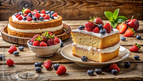 A Slice of Summer A delicate cake, frosted and layered, adorned with fresh berries, sits invitingly on a rustic wooden table surrounded by scattered fruit, creating a scene of summery delight.