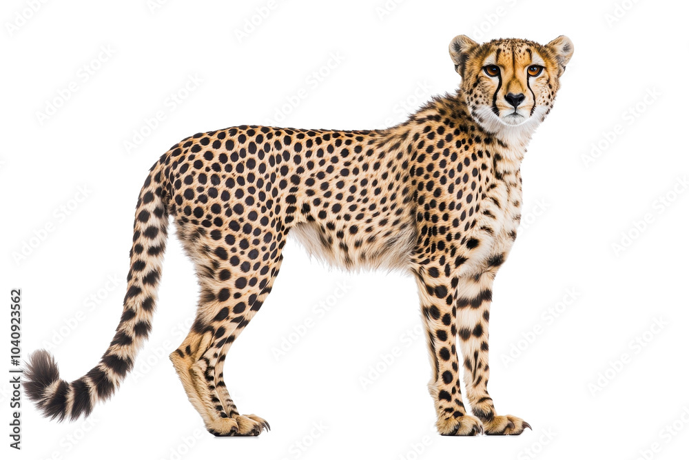 A cheetah standing, isolate on white background, emphasizing its sleek form and speed. PNG A cheetah standing, isolate on white background, emphasizing its sleek form and speed. PNG