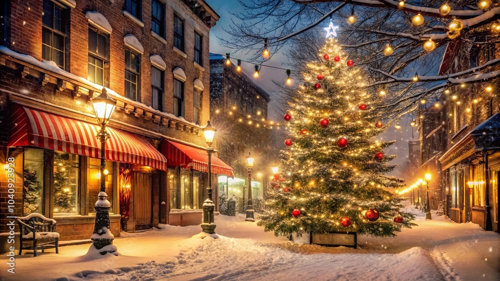 A Festive Winter Scene With Snow-Covered Streets, A Majestic Christmas Tree, And Strings Of Lights Illuminating Brick Buildings A Festive Winter Scene With Snow-Covered Streets, A Majestic Christmas Tree, And Strings Of Lights Illuminating Brick Buildings