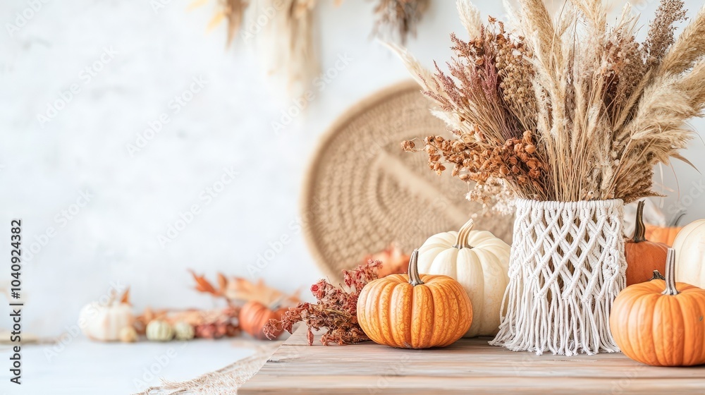 Fototapeta premium Autumnal still life with pumpkins and dried flowers.