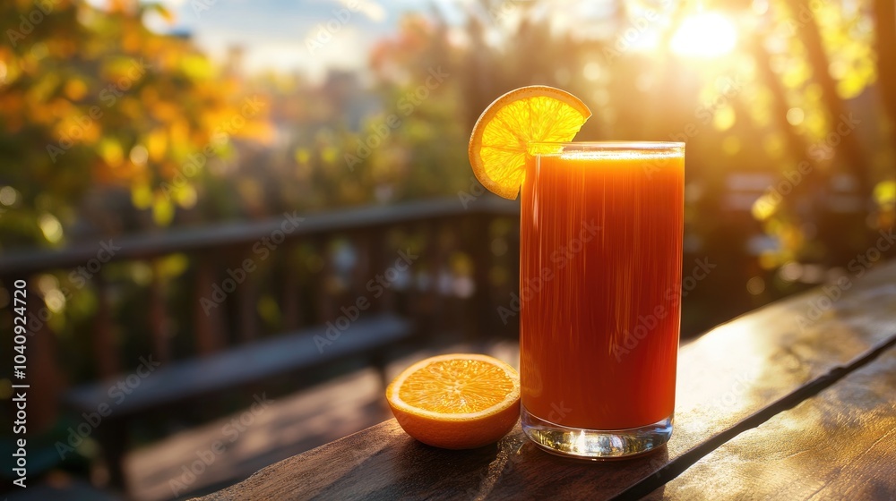Fototapeta premium Refreshing Orange Juice with Slice on Summer Table