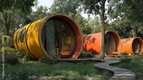 futuristic capsule cabins surrounded by nature photo