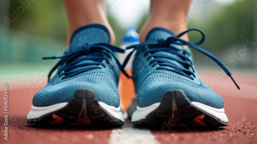 Close-up of Blue Running Shoes on Athletic Track, Ready for Race, Fitness Concept, Photograph