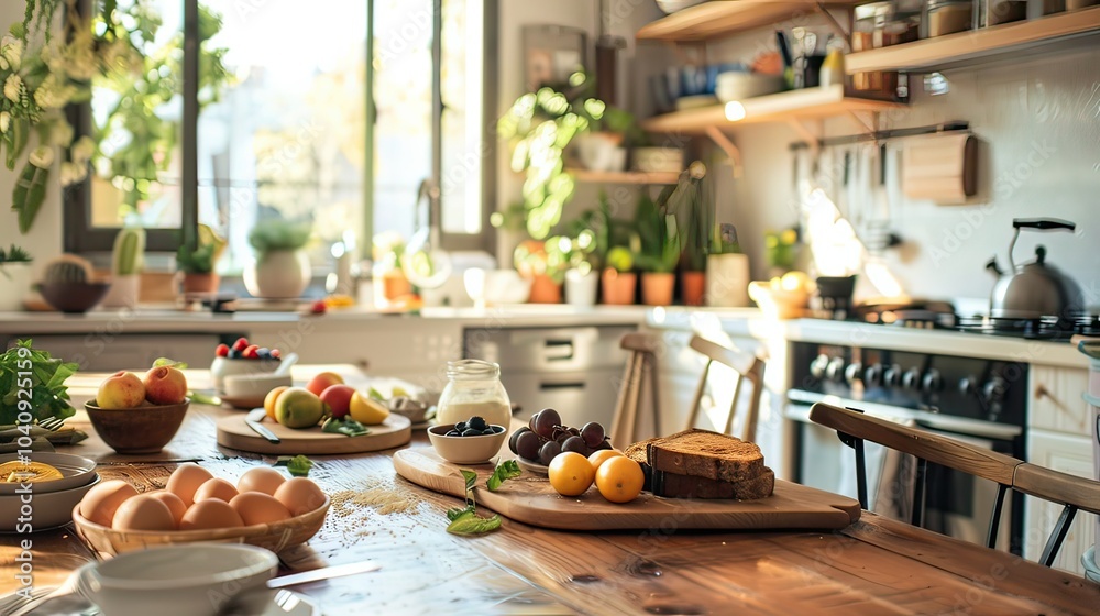 A cozy kitchen setting featuring a wooden table set for breakfast, with eggs, toast, and fresh fruit arranged beautifully. A cozy kitchen setting featuring a wooden table set for breakfast, with eggs, toast, and fresh fruit arranged beautifully.