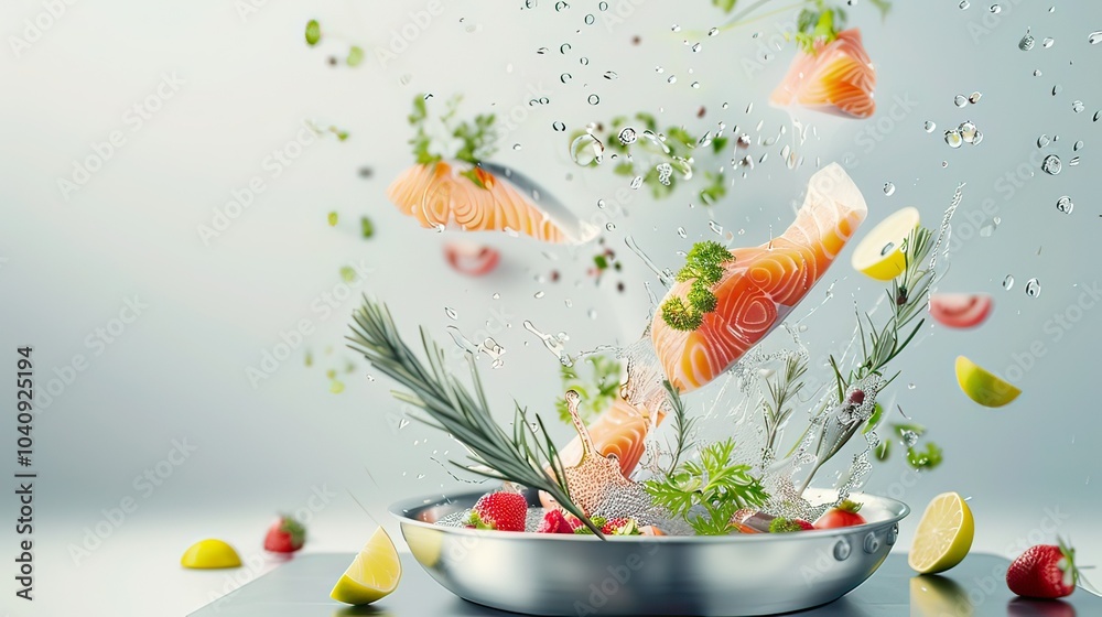 A dynamic 3D illustration of fish fillets and herbs soaring above a stainless steel pan, capturing the essence of gourmet cooking.