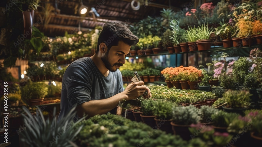 Trader Examining Ornamental Plants in Shop Trader Examining Ornamental Plants in Shop