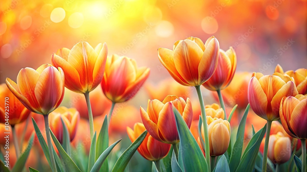 Warm Sunlight Bathes a Field of Vibrant Orange and Red Tulips in a Gentle, Dreamy Glow Warm Sunlight Bathes a Field of Vibrant Orange and Red Tulips in a Gentle, Dreamy Glow