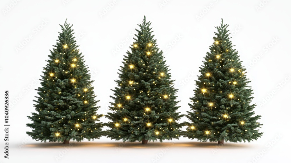 Fototapeta premium Collection of Christmas tree drawn with a brush on a white isolated background,greeting season and gift in christmas day,winter season,New Year decorations,fairy lights,copy space.
