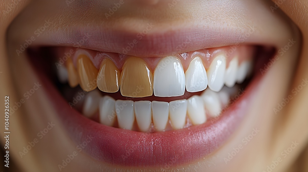 Fototapeta premium Before-and-after comparison of a smile, showcasing yellowish teeth before professional whitening and bright, gleaming teeth after the treatment