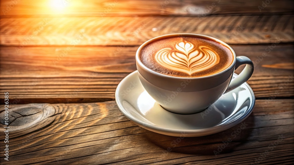 A Cup of Coffee with a Flower Design on Top, Bathed in Warm Sunlight on a Wooden Table A Cup of Coffee with a Flower Design on Top, Bathed in Warm Sunlight on a Wooden Table