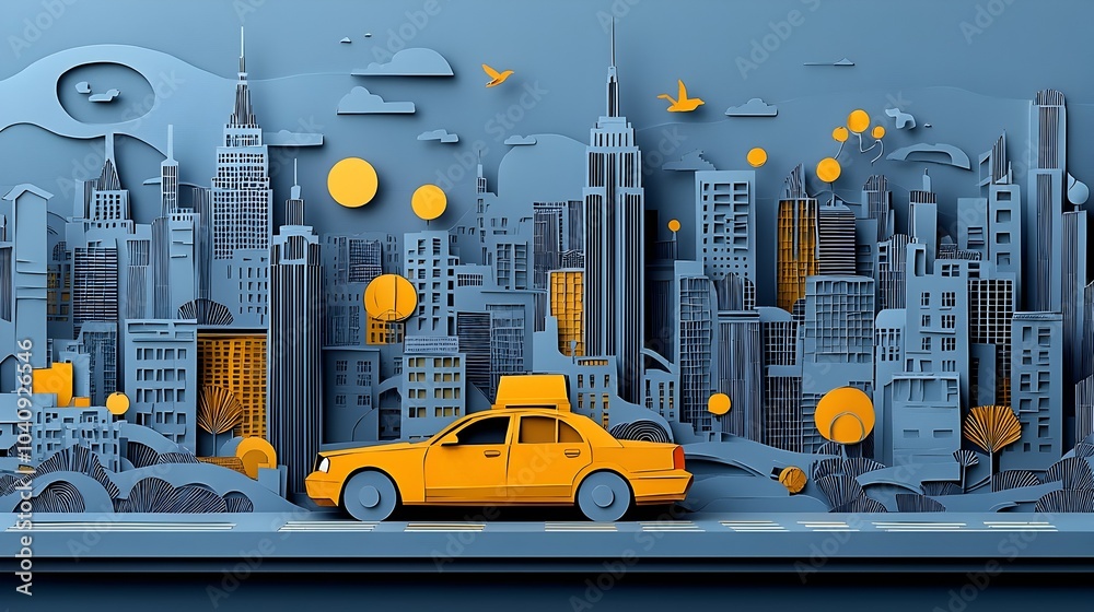 Paper Cut Depiction of a Taxi Cab Navigating Through the Busy Urban Streets and Towering Skyscrapers of a Metropolitan Cityscape Paper Cut Depiction of a Taxi Cab Navigating Through the Busy Urban Streets and Towering Skyscrapers of a Metropolitan Cityscape