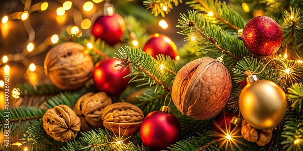 Sparkling red and gold ornaments and walnuts adorn a festive Christmas tree branch. Sparkling red and gold ornaments and walnuts adorn a festive Christmas tree branch.