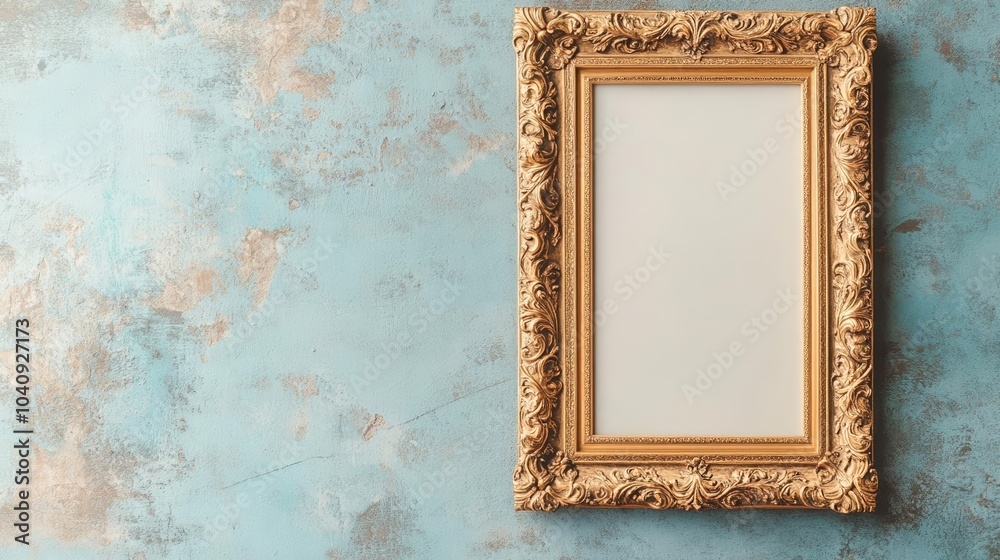 Elegant gold frame with rococo style details on a worn blue wall, high-resolution photo emphasizing timeless craftsmanship and vintage art presentation Elegant gold frame with rococo style details on a worn blue wall, high-resolution photo emphasizing timeless craftsmanship and vintage art presentation