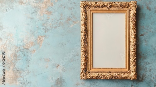 Elegant gold frame with rococo style details on a worn blue wall, high-resolution photo emphasizing timeless craftsmanship and vintage art presentation