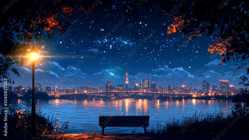 A serene night scene featuring a city skyline reflected in water under a starry sky. Seamless looping 4k video animation background 