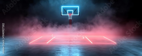 Neon-glow basketball court under intense lighting, fog creating a mystical atmosphere, blending sports and sci-fi elements for a dynamic visual