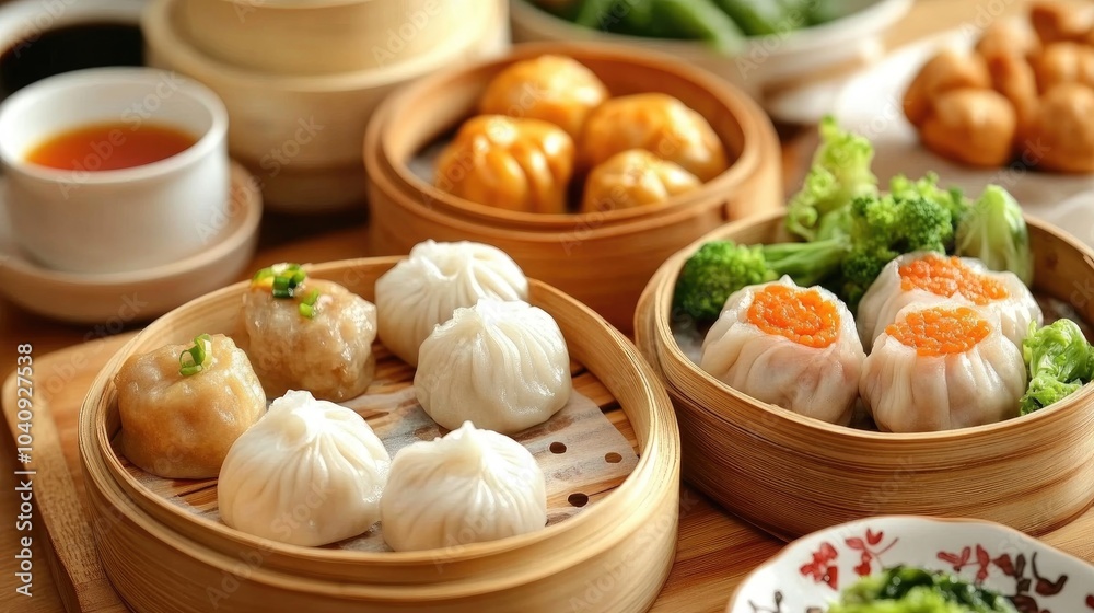 Traditional Dim Sum Spread on a Wooden Table Traditional Dim Sum Spread on a Wooden Table