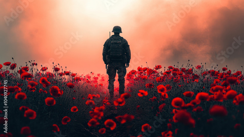 soldier stands amidst field of vibrant red poppies, creating striking contrast against hazy background. scene evokes sense of reflection and remembrance