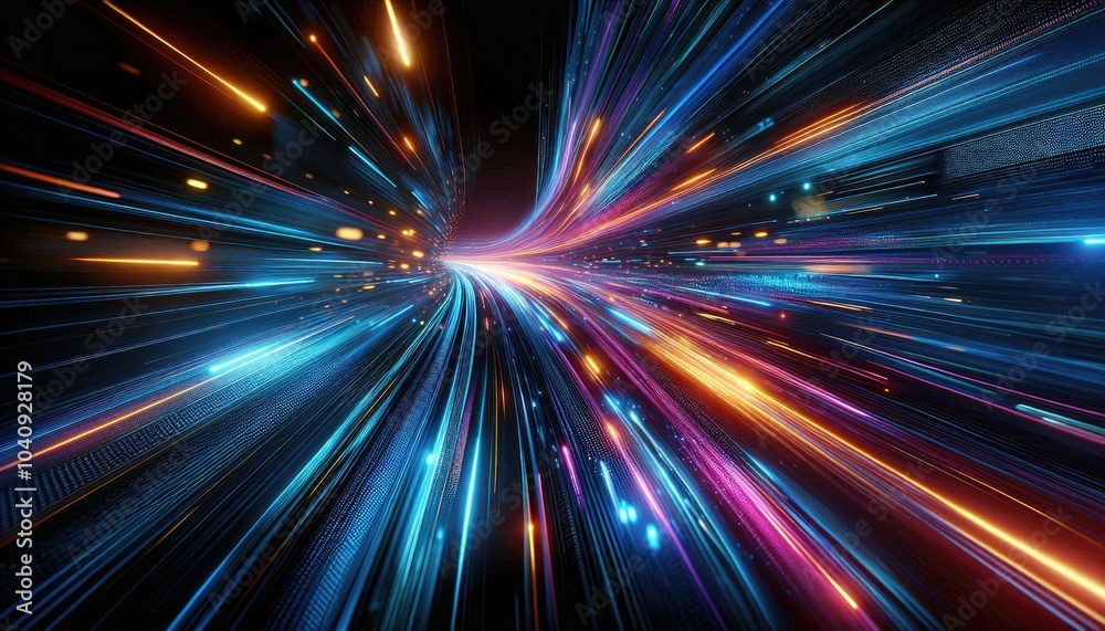 Dynamic Neon Light Streaks in a Futuristic Cyberpunk Setting: High-Resolution Artwork Featuring Vibrant Electric Blue, Neon Orange, and Magenta Colors with Realistic Motion Blur Dynamic Neon Light Streaks in a Futuristic Cyberpunk Setting: High-Resolution Artwork Featuring Vibrant Electric Blue, Neon Orange, and Magenta Colors with Realistic Motion Blur