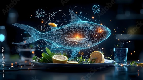 Captivating abstract depicting a glowing mesh like fish swimming on a plate surrounded by vibrant neon colored herbs and lemon slices creating a futuristic and visually striking culinary scene photo