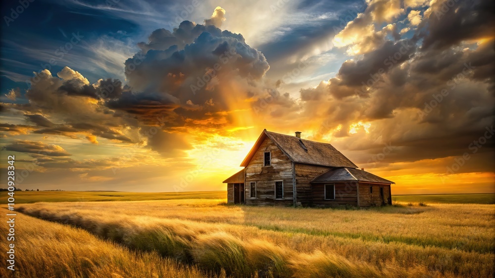 Sunset paints the sky and field gold, spotlighting a solitary farmhouse. Sunset paints the sky and field gold, spotlighting a solitary farmhouse.