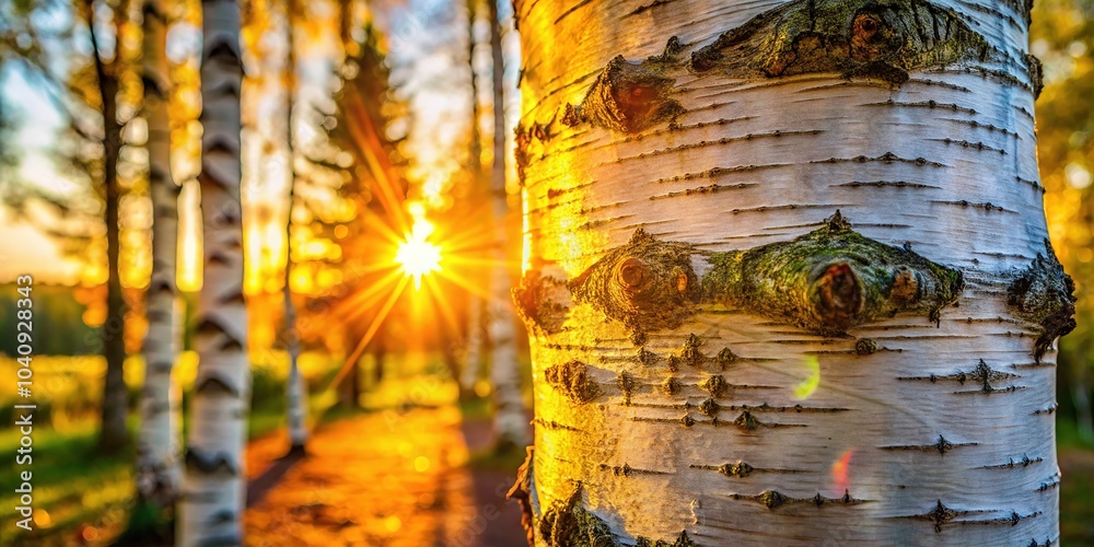 Sunlight paints the rough birch bark with dancing light and shadow.